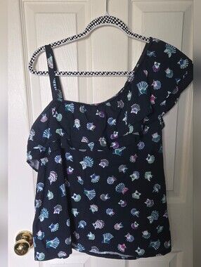 Joe Fresh Black Floral One-Shoulder Top with Orange Tag